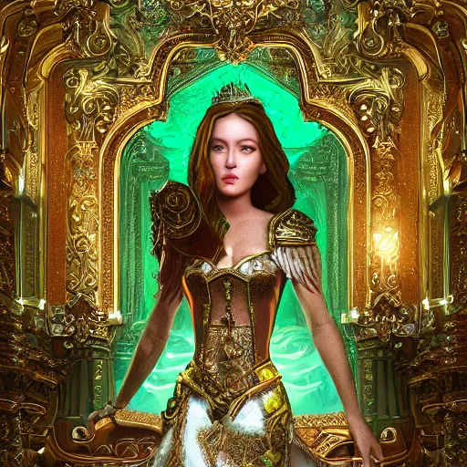 Image similar to portrait of princess of emerald, majestic, ornate, intricate, hyper detailed, accent lighting, kingdom in background, dramatic light, 4 k octane render