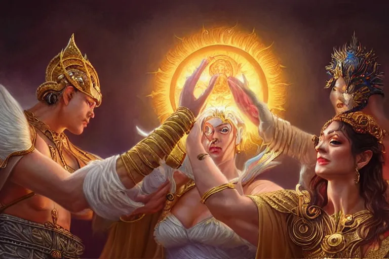 Image similar to close up moment of a divine a sun god and a moon goddess lovers magician at a wedding banquet, highly detailed, d & d, fantasy, highly detailed, digital painting, trending on artstation, concept art, sharp focus, illustration, art by artgerm and greg rutkowski and magali villeneuve