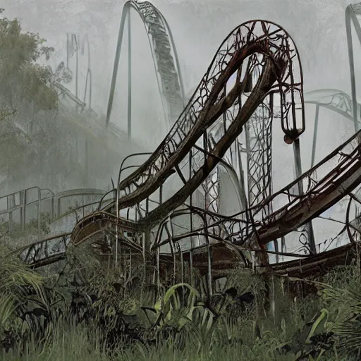 Image similar to abandoned rollercoaster with clear geometry, creepy ambiance, lush vegetation, desaturated, fog, surreal by syd mead