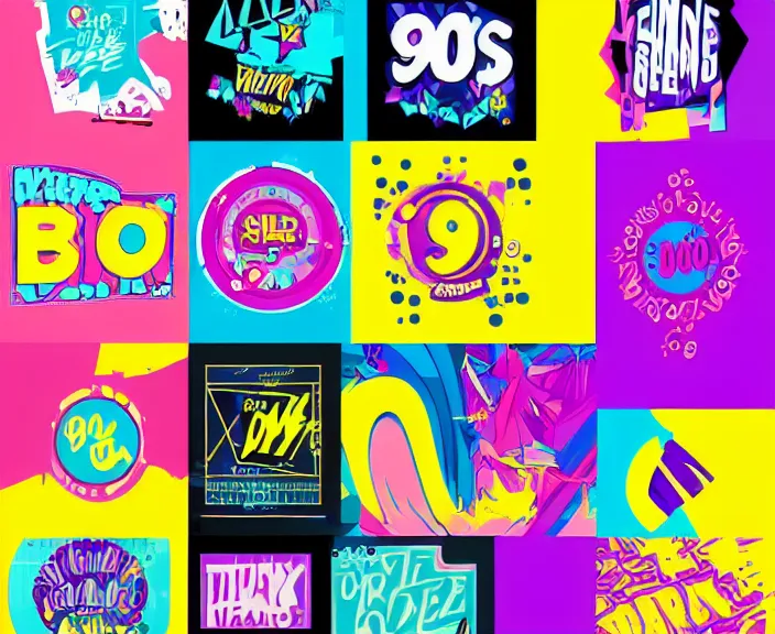 Prompt: Opening titles graphics for 90s show. Vector graphics. Typography. bright, colourful, blue, yellow, pink, purple, trending on pinterest