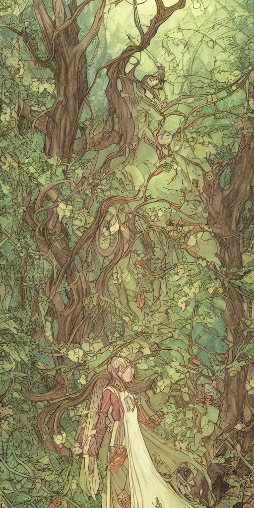 Prompt: an elvish Fairy house in the Woods, fantasy, art nouveau, daylight, warm light, spring, studio ghibli, Moebius, siya oum, ultra detailed, High definition, Sharp