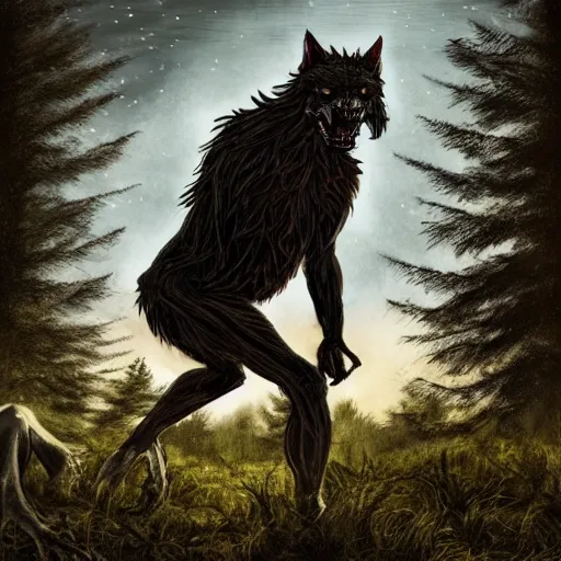 Image similar to man ripping off his skin turning into a werewolf, forest scenery, full moon, illuminated lighting, highly detailed, 4 k