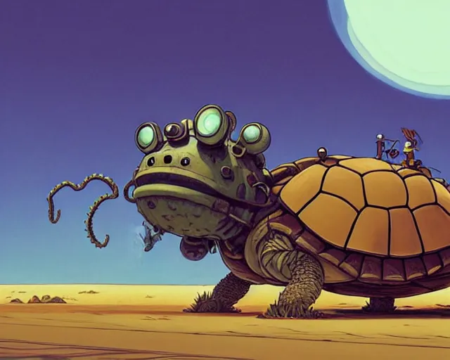 Image similar to a cell shaded cartoon giant lovecraftian mechanized turtle from howl's moving castle ( 2 0 0 4 ), with a big head, on a desert road, full body, illustration, wide shot, golden hour, post grunge, concept art by josan gonzales, wlop, by james jean, victor ngai, hq, deviantart, art by artgem