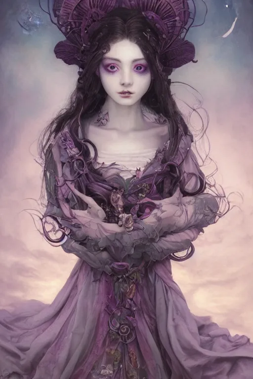Prompt: breathtakingly beautiful painting of an elegant Gothic Lolita woman, beautiful hair, symmetrical face, moonlit purple sky, matte painting by brian froud, Shaun Tan , WLO and Peter Mohrbacher, highly detailed, intricate, ,award winning artwork, trending on artstation, high quality printing, fine art with subtle redshift rendering