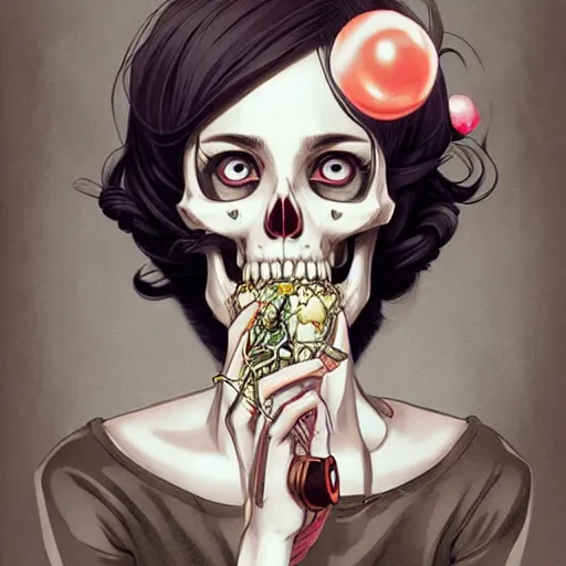 Image similar to anime manga skull portrait young woman blowing bubblegum, skeleton, intricate, elegant, highly detailed, digital art, ffffound, art by JC Leyendecker and sachin teng