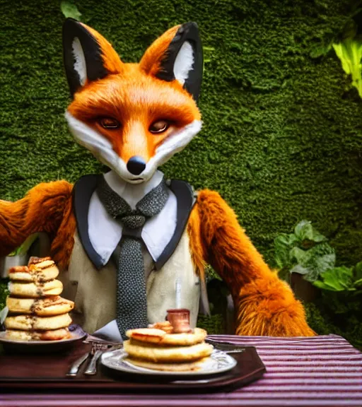 Image similar to film still from the movie chappie outdoor park plants garden scene bokeh depth of field sitting down at a table having a delicious grand victorian tea party crumpets close up masterpiece portrait of a furry anthro anthropomorphic stylized fox wearing dress