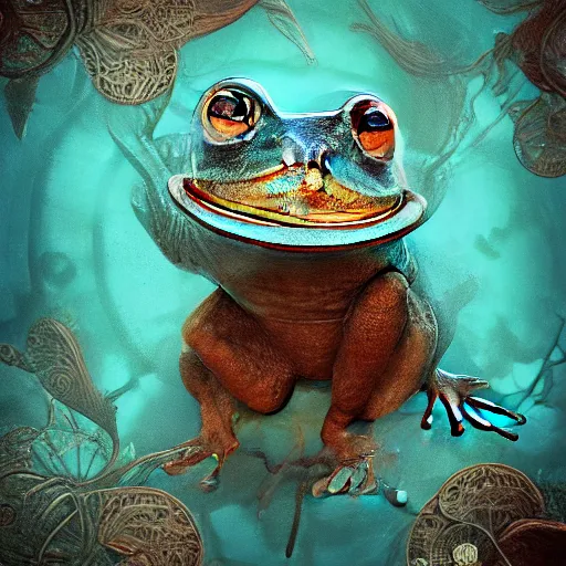 Image similar to beautiful symmetrical an old silent pond frog jumps into the pond splash! silence again, surrounded by machine axonometric fantasy intricate elegant highly detailed in volumetric void of latent space lush flowers surround, realm of the gods golden turquoise steampunk, high contrast cinematic light, mystical shadows, octane render, photographic, concept art, art high renaissance art, unreal engine 8 k