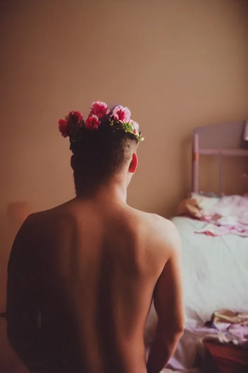 Image similar to kodak portra 4 0 0 photograph of a guy wearing a flower crown in a cluttered messy 9 0 s bedroom, back view, lens flare, moody lighting, moody vibe, telephoto, 9 0 s vibe, blurry background, grain, tranquil, calm, faded!,