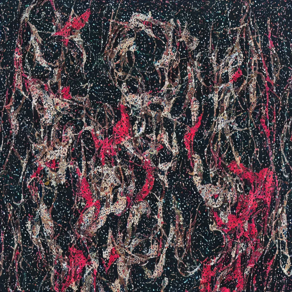 Image similar to camo made of teeth, smiling, abstract, francis bacon artwork, cryptic, dots, spots, stipple, lines, splotch, color tearing, pitch bending, faceless people, dark, ominous, eerie, hearts, minimal, points, technical, old painting, neon colors, folds