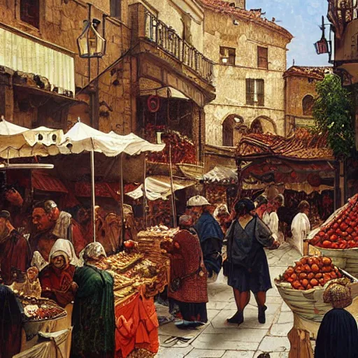 Image similar to a busy medieval Mediterranean street market , beautiful digital art, cinematic composition, detailed, concept art, Matt painting, oil painting,, art by Norman Rockwell