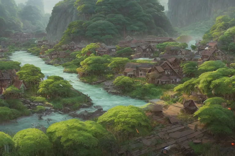 Image similar to A highly detailed matte painting of a sparse village near a river and intertwined with nature, defunct technology, by Studio Ghibli, Makoto Shinkai, by Artgerm, by WLOP, by Greg Rutkowski, volumetric lighting, octane render, 4K resolution, trending on artstation, masterpiece