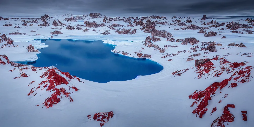 Image similar to a scenary of antartica with red snow, 8 k, detail, super detailed, awesome, award winning photography, 4 k hdr