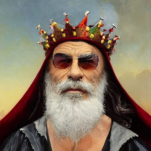 Image similar to stoner King Tommy Chong wears a doublet whilst wearing a red velvet cape and OG Kush Indica cannabis crown alexanre benois edward julius detmold jehan choo jeff simpson raphael lacoste guillem h. pongiluppi grisaille