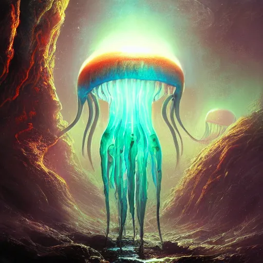 Prompt: photorealistic alien jellyfish world in the style of greg rutkowski and michael whelan. hyperdetailed photorealism, 1 0 8 megapixels, amazing depth, glowing rich colors, powerful imagery, psychedelic overtones, 3 d finalrender, 3 d shading, cinematic lighting, artstation concept art