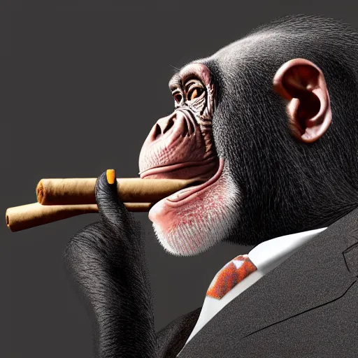 Image similar to a high detail shot of a chimp wearing a suit, smoking a cigar, render, cgsociety, photorealism