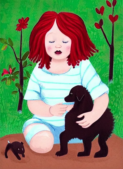 Prompt: “a red-haired child with dark skin playing with a puppy in the garden in the style of Mary Engelbreit”