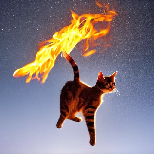 Image similar to professional photograph of a cat juggling fire sticks ona unicycle