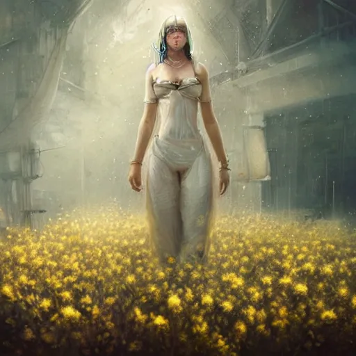 Image similar to a woman in a white dress with yellow flowers on her body, cyberpunk art by bastien lecouffe - deharme, trending on cgsociety, fantasy art, dystopian art, apocalypse art, rococo