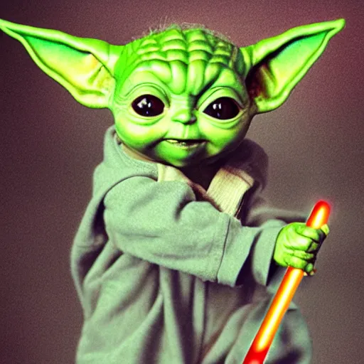 Prompt: A realistic photo of Baby Yoda with a lightsabre