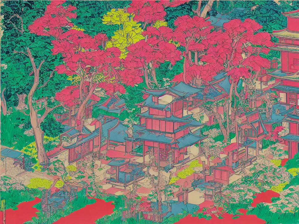 Prompt: image of a traditional japanese house with a garden, a pond in the garden, pink children are sitting around it, a combination of pop art and traditional japanese painting styles, the style of andy warhol, roy lichtenstein and jackie tsai, bright palette, acrylic on canvas