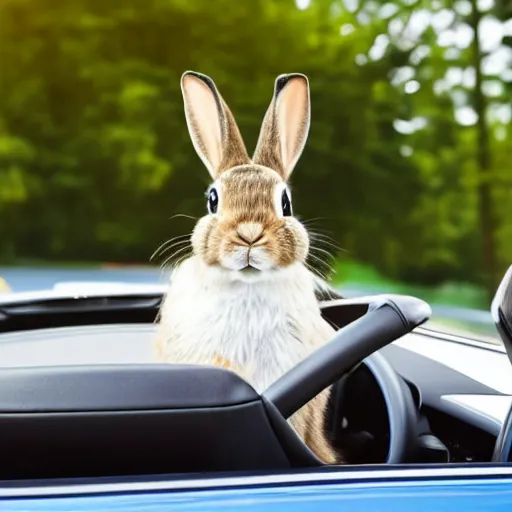 Prompt: bunny driving a car, studio photo, shutterstock