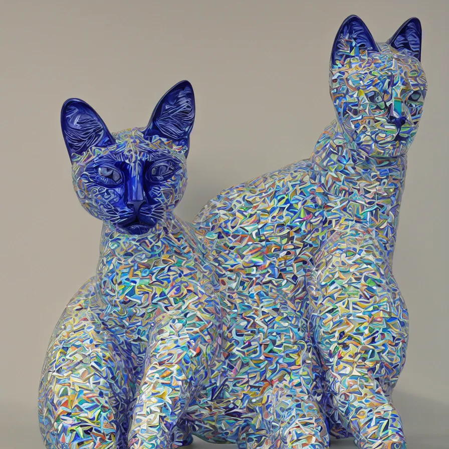 Image similar to beautiful gallery show studio photograph of a giant realistic geometric ceramic sculpture of a siamese cat!!!!, heavily glazed by bridget riley and victor vasarely, placed on a polished wooden table, colorful hyperrealism 8 k trending on artstation