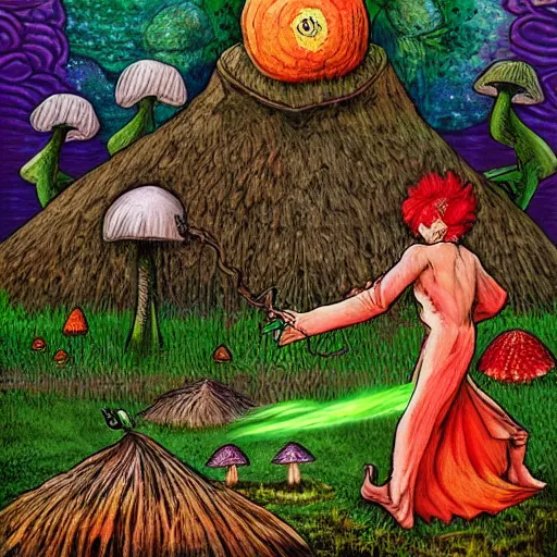Image similar to Scary godlike fairy killing a frog ,detailed mushroom village in the background , Taras Shevchenko style, post-processing, fantasy , masterpiece , junji ito, painting , psychedelic colored