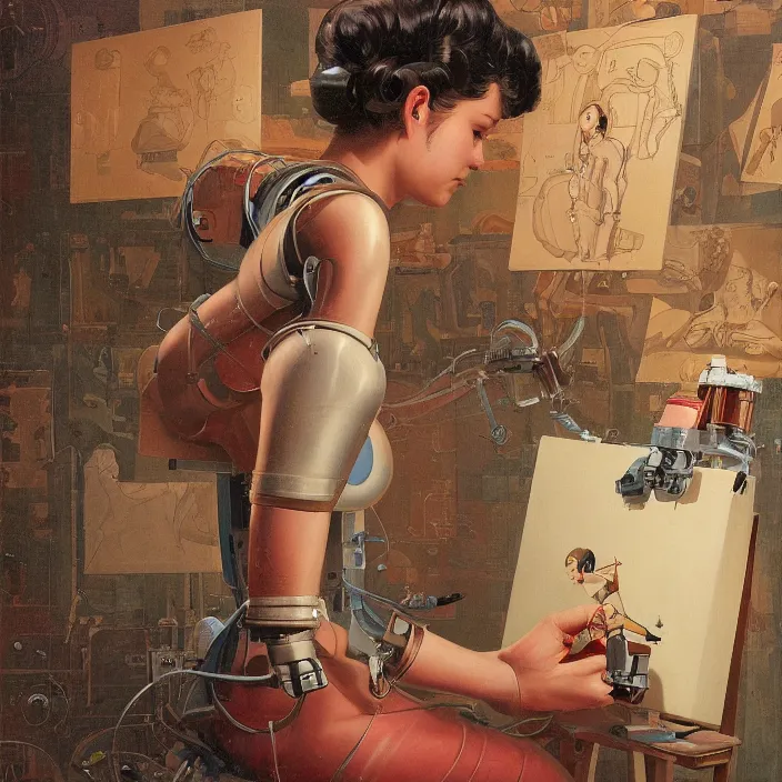 Prompt: robot artist painting a self - portrait on a canvas. intricate, highly detailed, digital matte painting, in the style of sachin teng, and in the style of hans thoma, and in the style of gil elvgren. irony, recursion, inspiration.