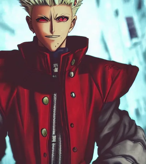 Prompt: detailed portrait vash the stampede from trigun by eisuke ogura and bengus, detailed face, blonde, protection in arms, udon comics style, trending artstation, detailed eyes, highly - detailed, trending cgsociety, unreal engine 5, octane render pencile and ink, city in the background, dark colors, intricate details