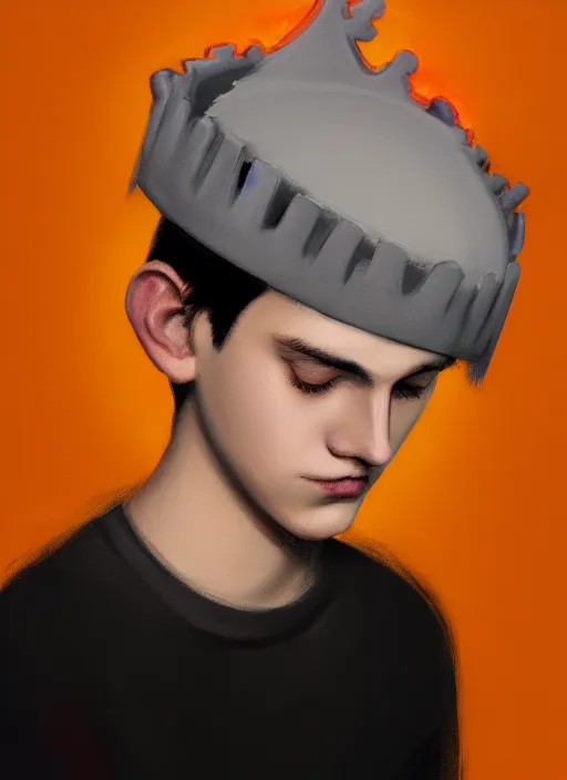 Image similar to portrait of teenage jughead jones wearing a light grey crown, crown, hamburger background, eyes closed, crown, black hair, orange, intricate, elegant, glowing lights, warm lighting, highly detailed, digital painting, artstation, concept art, smooth, sharp focus, illustration, art by wlop, mars ravelo and greg rutkowski