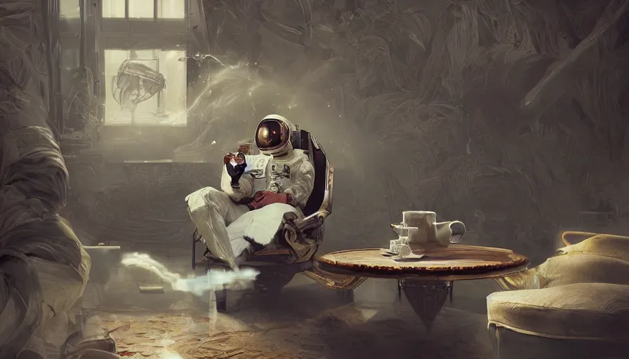 Prompt: astronaut sitting in armchair with cup of coffee with steam from cup, terraformed mars, wide shot, digital painting, intricate details, trending on artstation, concept art, octane render, realistic, highly detailed, smooth, sharp focus, beautiful, 4 k, 8 k, hd, art by charlie bowater and artgerm and greg rutkowski