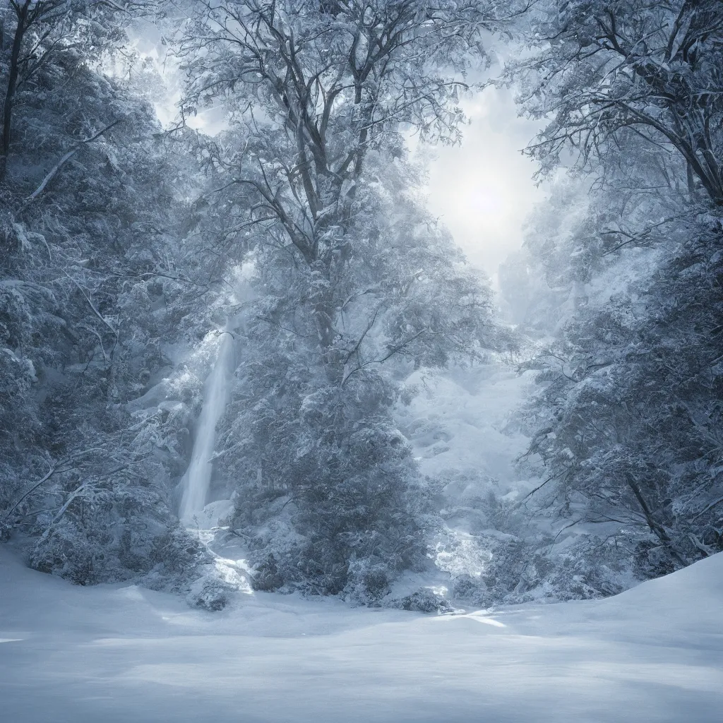 Image similar to infinite waterfall snowy landscape sun halo, octane render, dramatic, depth of field