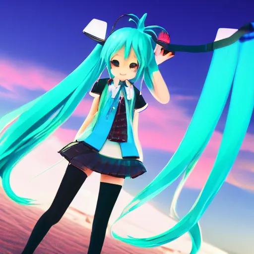 Prompt: photo of hatsune miku takes a walk on late evening beach, f 2,4