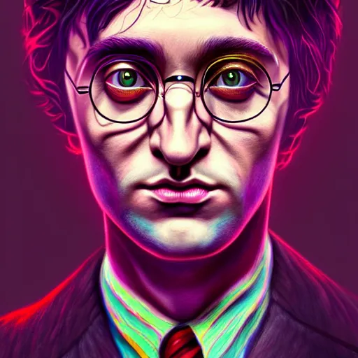 Image similar to An extremely psychedelic portrait of Harry Potter, surreal, LSD, face, detailed, intricate, elegant, lithe, highly detailed, digital painting, artstation, concept art, smooth, sharp focus, illustration