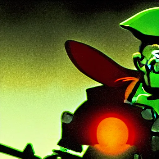 Image similar to Elmer Fudd from Loony Tunes in Doom, wearing green armor and helmet, killing demons, rip and tear, video game