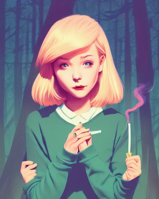 Image similar to digital illustration of pretty girl sabrina with short blonde hair wearing a sweater, from alice in wonderland, smoking, in a wonderland forest at night, by ilya kuvshinov, lois van baarle, rossdraws, basquiat