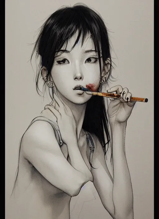 Image similar to portrait of a beautiful girl smoking a cigarette, by takehiko inoue and kim jung gi and hiroya oku, masterpiece illustration, ultrarealistic, realistic hand reference, perfect face and anatomy, golden ratio