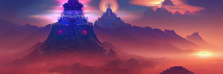 Image similar to three sprawling cybernetic temple, surrounded by fractal mountains, volumetric clouds, cybernetic faces, vaporwave aesthetic, colorful, psychedelic, digital painting, artstation, concept art, smooth, sharp focus, illustration, art by artgerm and greg rutkowski and alphonse mucha