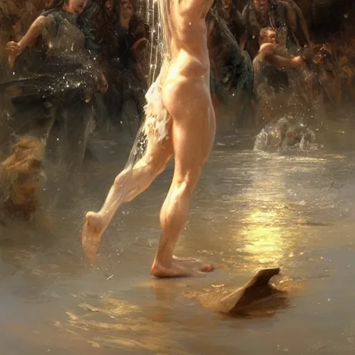 Image similar to a holy saint walking on water. photorealism. pseudo realistic. detailed. 4 k masterpiece. cgsociety. by tianhua xu. by gaston bussiere.