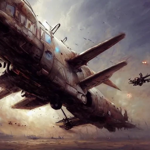 Prompt: huge steampunk aircraft in battle, sky, explosions, jakub rozalski