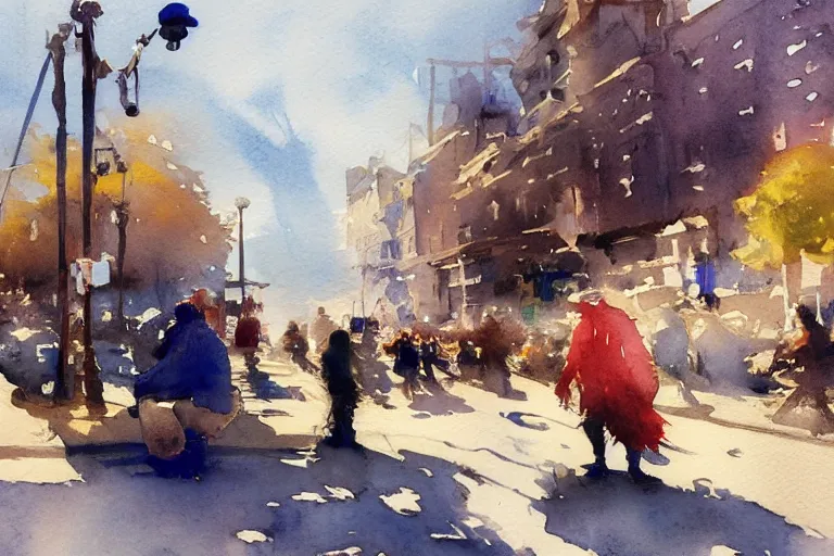 Prompt: small centered on watercolor paper, paint brush strokes, abstract watercolor painting of old rugged poor man at street corner, daylight, blue sky, cinematic light, national romanticism by hans dahl, by jesper ejsing, by anders zorn, by greg rutkowski, by greg manchess, by tyler edlin