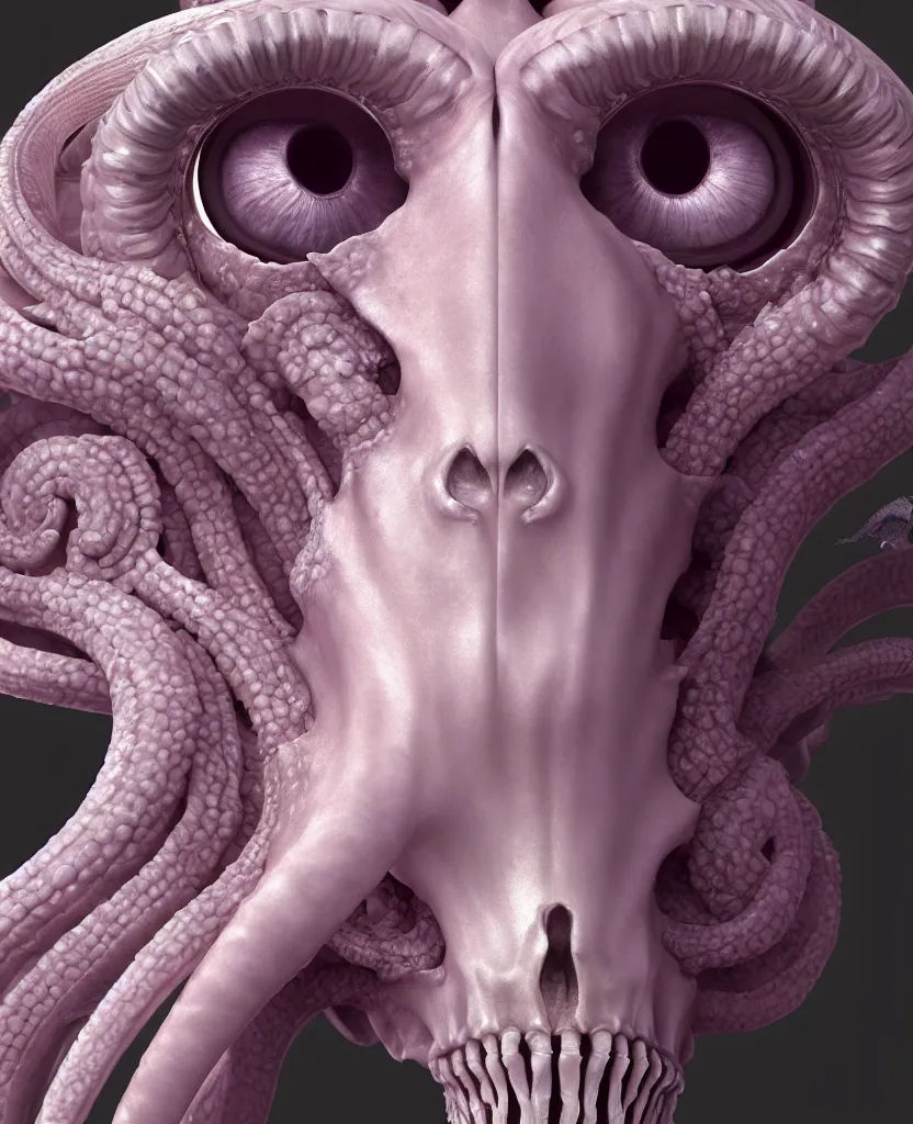 Image similar to goddess princess face close-up portrait ram skull. hard surface modelling zbrush and octane render. jellyfish phoenix head, nautilus, orchid, skull, betta fish, bioluminiscent creatures, intricate artwork by Tooth Wu and wlop and beeple. octane render, trending on artstation, greg rutkowski very coherent symmetrical artwork. cinematic, hyper realism, high detail, octane render, 8k