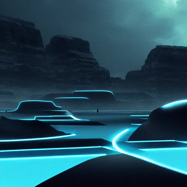 Image similar to a black sandy beach with monoliths in the background, tron legacy!, blue and orange neon lights, dark waters, dark lighting, misty background, vivid colors, high detail, trending on artstation, deviantart featured