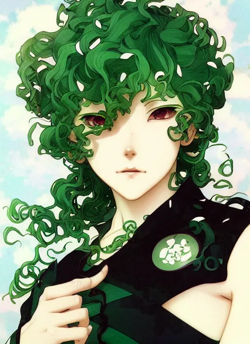 Prompt: detailed portrait art of tatsumaki with green curly hair, art by ross tran ilya kuvshinov krenz cushart, by alphonse mucha, very detailed, intricate, digital anime art, sharp focus