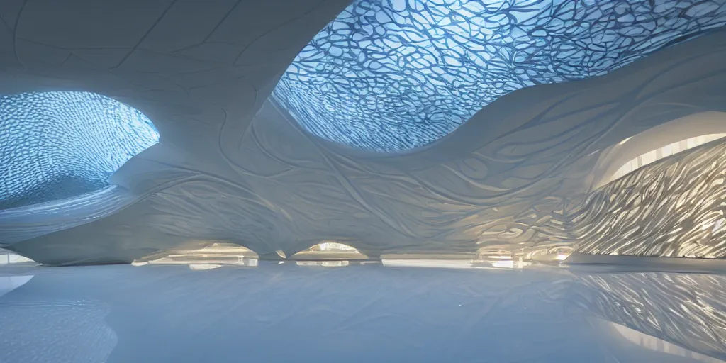 Prompt: extremely detailed awe ornate stunning beautiful futuristic smooth curvilinear elegant museum interior by zaha hadid, translucent gills, stunning volumetric light, stainless steel, concrete, translucent material, beautiful sunset, hyper real, 8k, colorful, 3D cinematic volumetric light, atmospheric light
