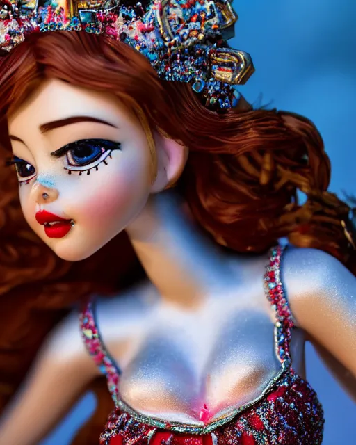 Prompt: closeup face profile portrait of a tin toy fairytale princess wearing a crown eating cakes, bikini, depth of field, zeiss lens, fashion photoshoot by max fleischer, breathtaking, detailed and intricate environment, 8 k resolution, extremely detailed, beautiful, establishing shot, artistic, hyperrealistic, octane render