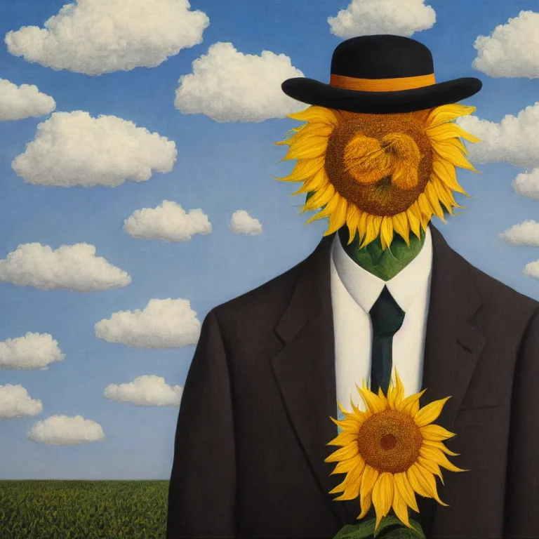 Image similar to portrait of a faceless sunflower - head man in a suit, clouds in the background, by rene magritte, detailed painting, distance, centered, hd, hq, high resolution, high detail, 4 k, 8 k