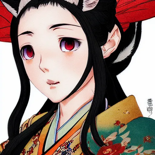 Prompt: A close-up anime portrait of Ssunbiki as a beautiful Japanese noblewoman with fox ears wearing a silk kimono from Skyrim, by a professional manga illustrator, Stanley Artgerm Lau, WLOP, Rossdraws, James Jean, Andrei Riabovitchev, Marc Simonetti, and Sakimichan, tranding on artstation