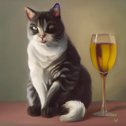 Image similar to beautiful oil painting of a cat in an empty bottle of wine, trending on artstation, 4 k, high quality, colorful