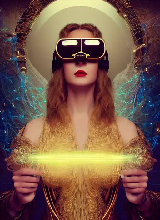 Prompt: goddess wearing vintage vr glasses, cords and wires, big golden jewellery, heavenly, golden dress, filigree, baroque, renaissance, symmetrical, sci - fi, retro futurism, octane render, cinematic light, rule of thirds, dramatic shadows, highly detailes